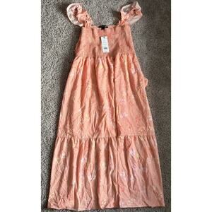 French Connection XL Coral Pink Multi Floral A-Line Dress Frill Ruffle